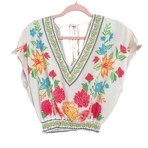 Flying Tomato Multicolor Boho Floral V-Neck Cap Sleeve Tassel Tie Blouse Size XS